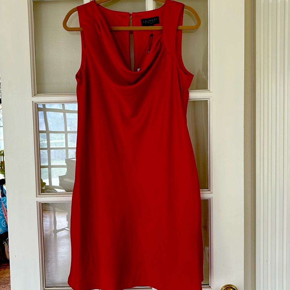 Red cowl neck cocktail dress